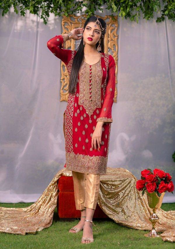 Red with Golden Embroidery party Dress