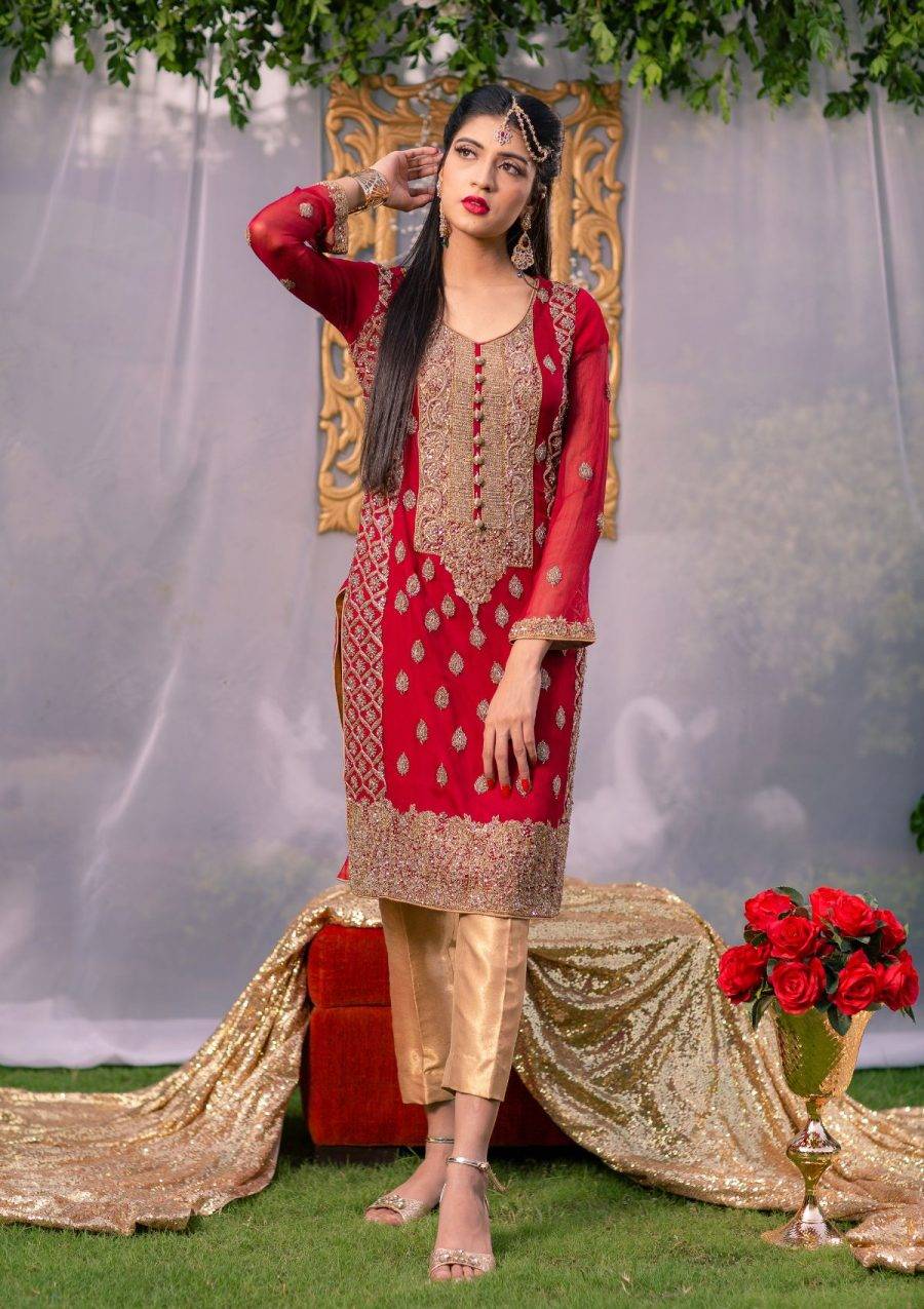 Red with Golden Embroidery party Dress