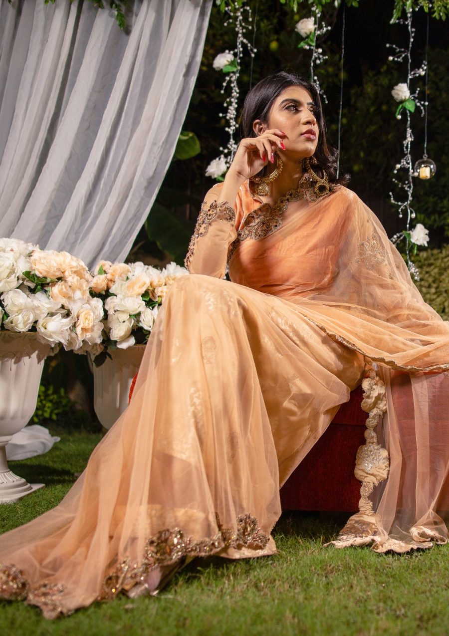 Peachy net saree with copper and peachy embeelished on pallu and border of saree and on blouse as well. Same peachy color blouse on velvet fabric looks elegant for the event.