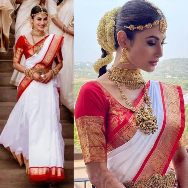 Photo of Stunning white and red saree with traditional jewellery